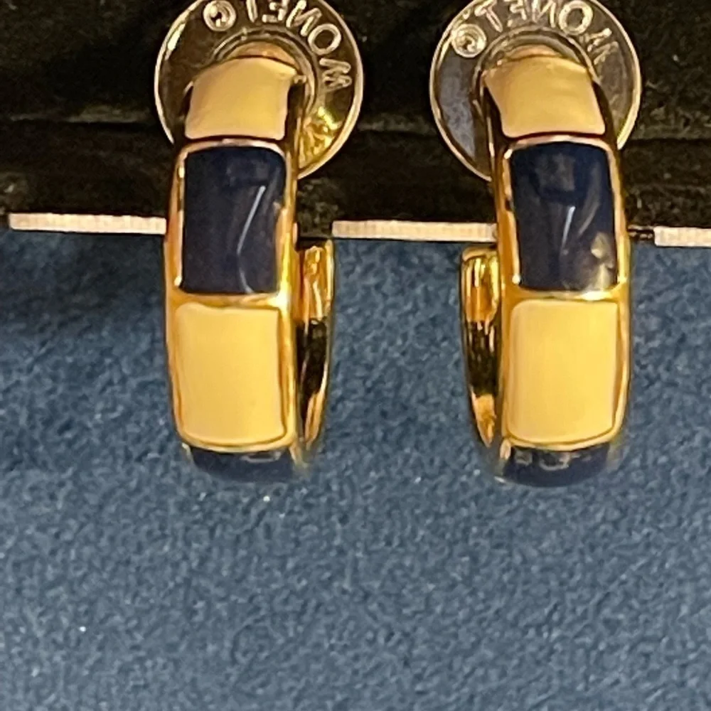 - Monet 22KT Electroplated Navy Blue & Gold Enamel 1” hoop Earrings
